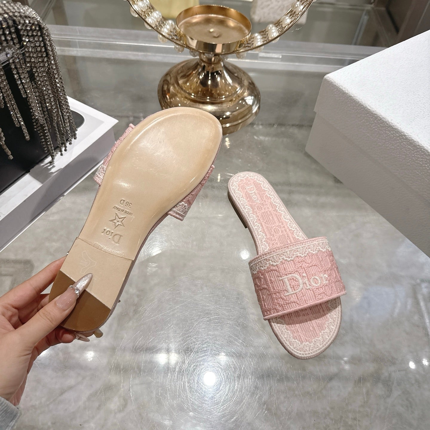 CD 26 Embroidered Sandals Pink White Canvas 592245