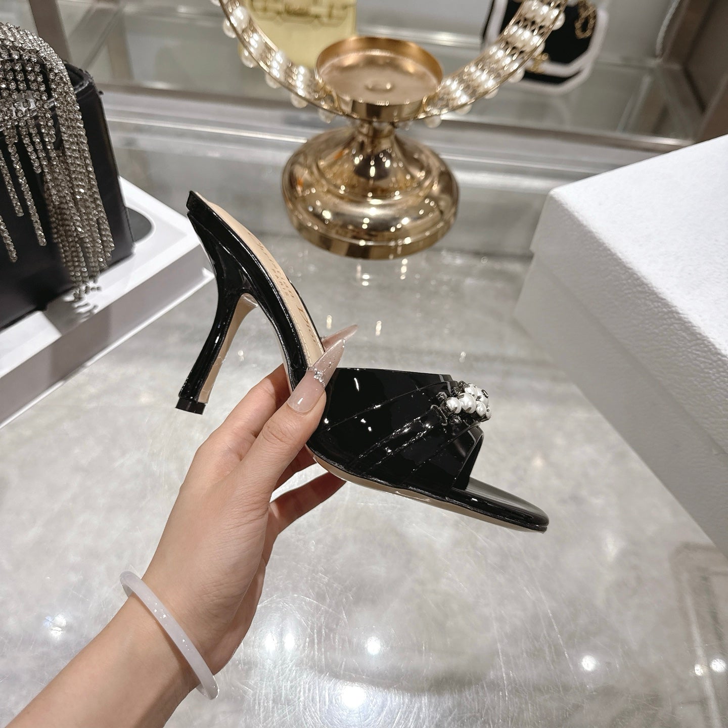 CD 26 High-Heeled Mules 85mm Pearl Black Patent Leather 592251