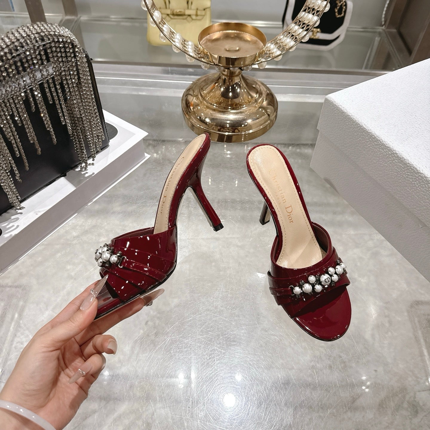 CD 26 High-Heeled Mules 85mm Pearl Dark Red Patent Leather 592253