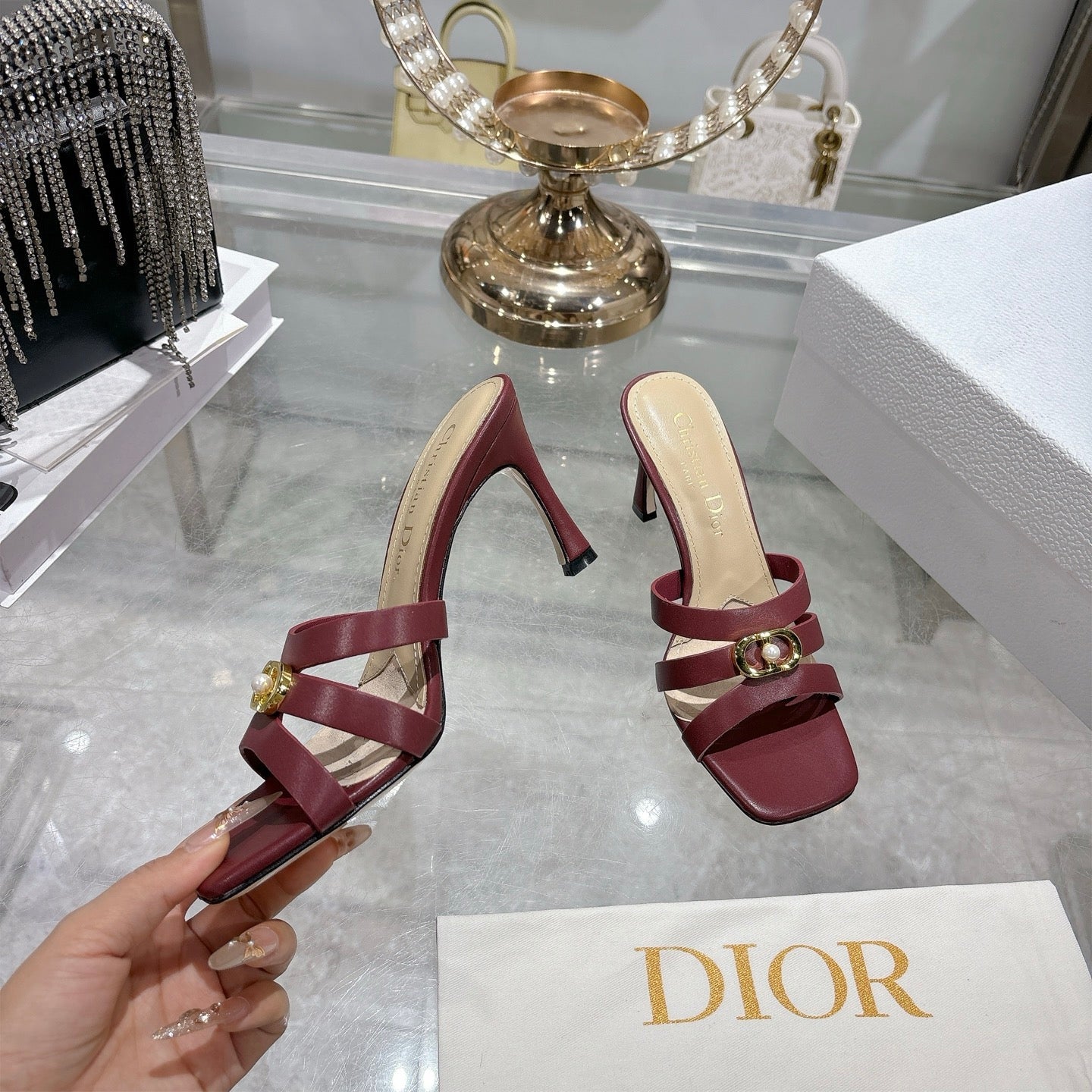 CD 26 High-Heeled Sandals 75mm Dark Red Leather 592254