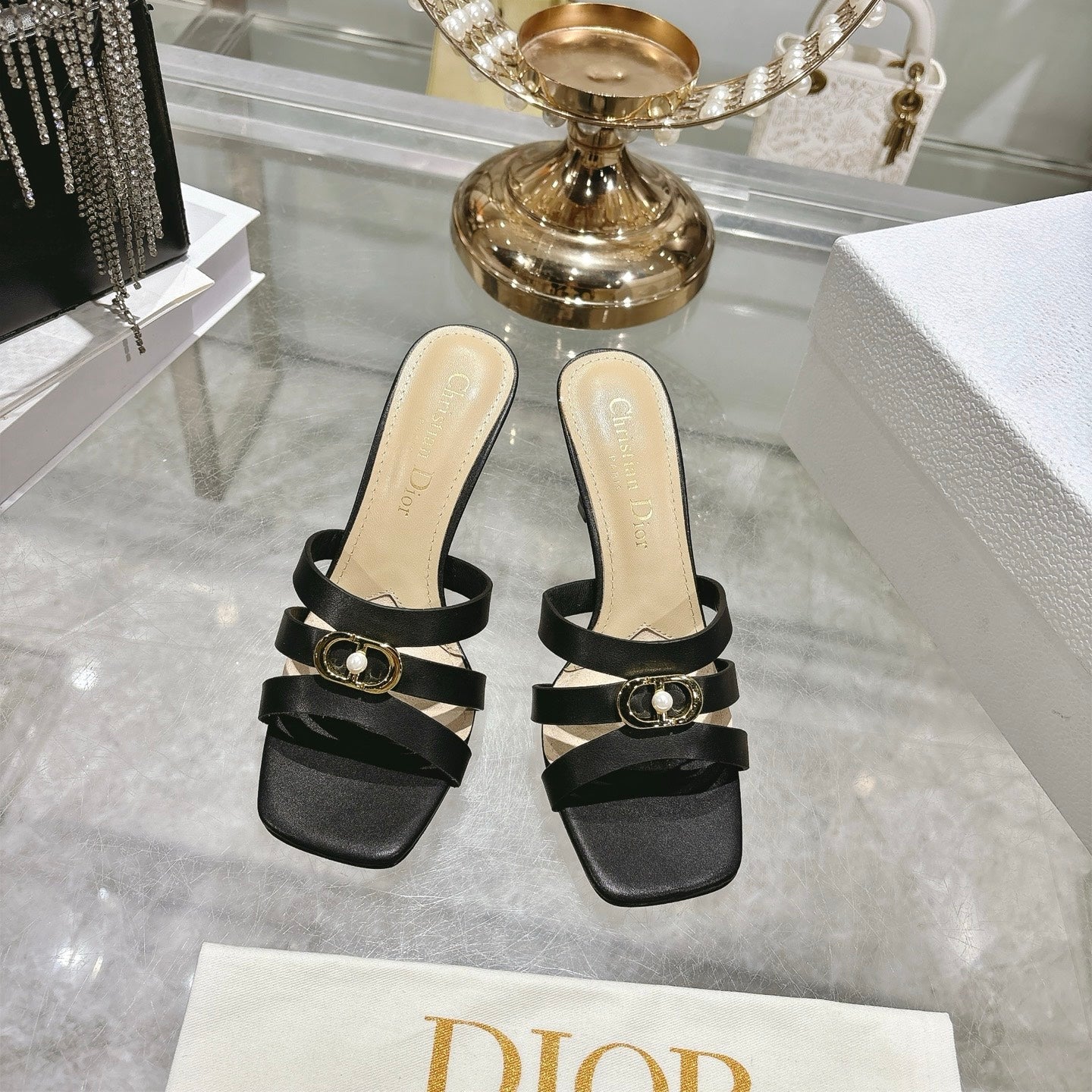 CD 26 High-Heeled Sandals 75mm Black Beige Leather 592255