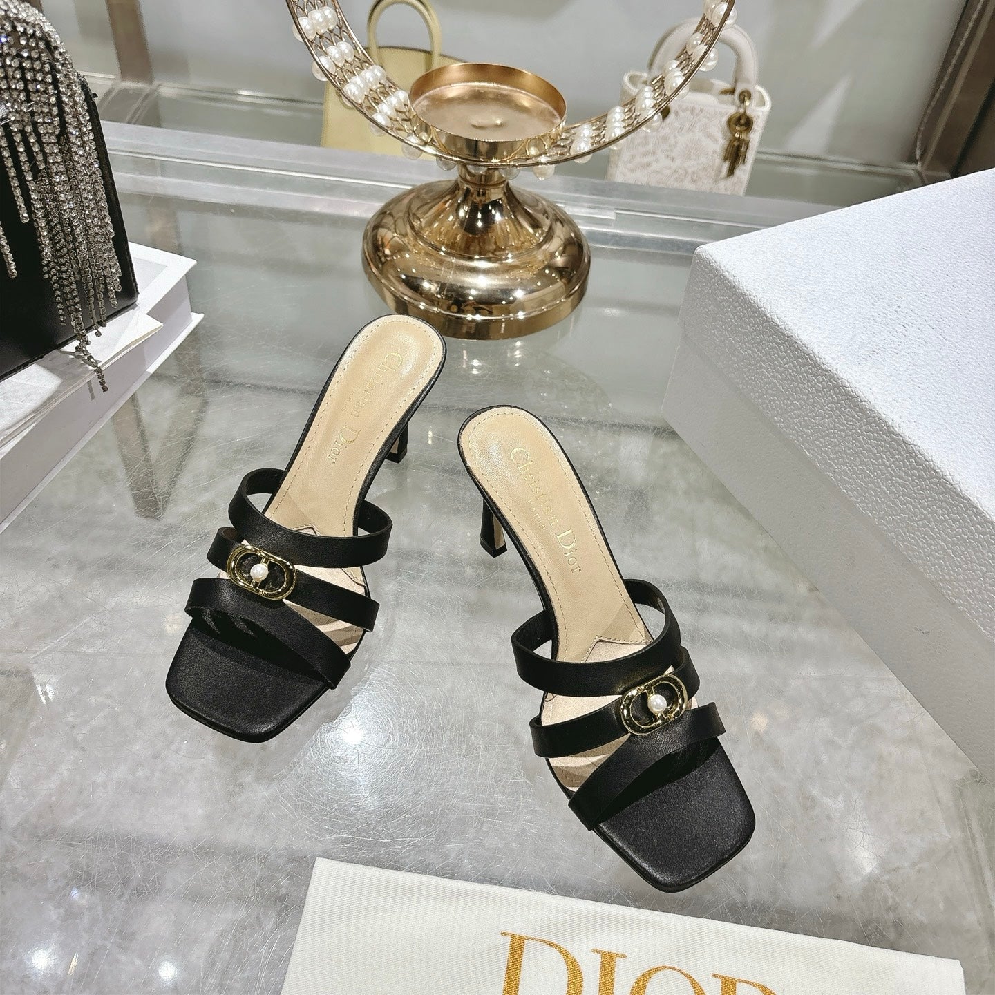 CD 26 High-Heeled Sandals 75mm Black Beige Leather 592255