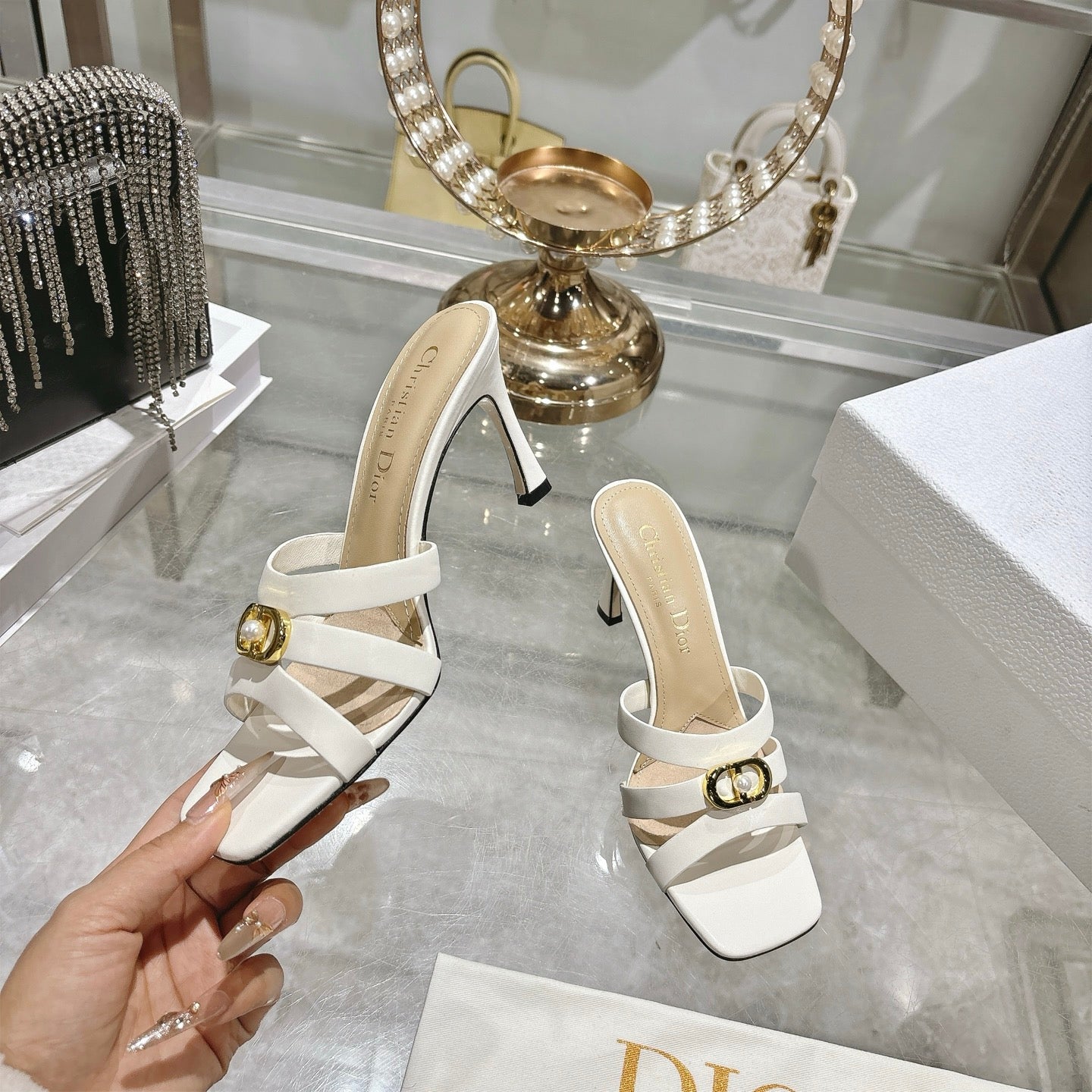 CD 26 High-Heeled Sandals 75mm White Beige Leather 592256