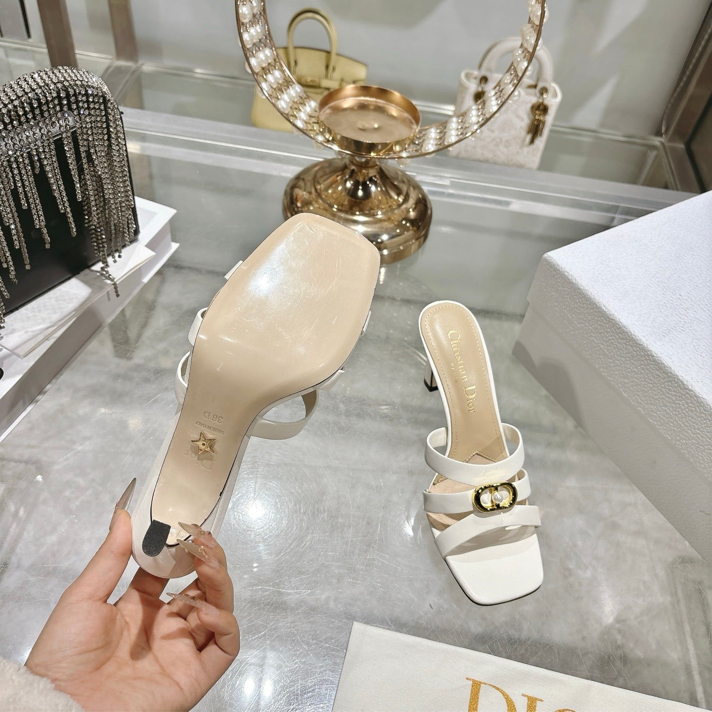 CD 26 High-Heeled Sandals 75mm White Beige Leather 592256