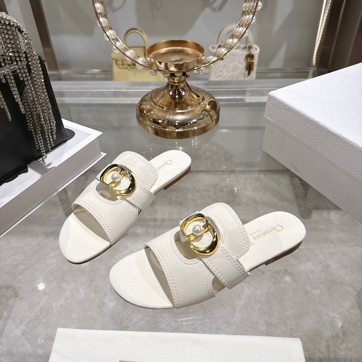 CD 26 Chunky Heel Sandals White Leather 592272