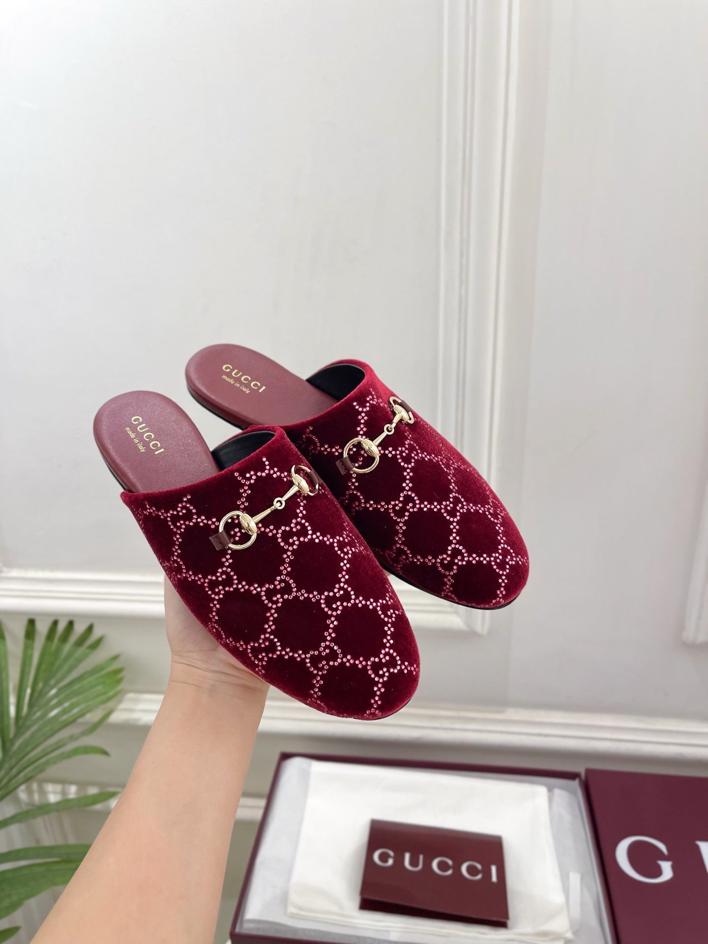 GG 26 Horsebit Flat Mules Rhinestones Red Velvet 587081