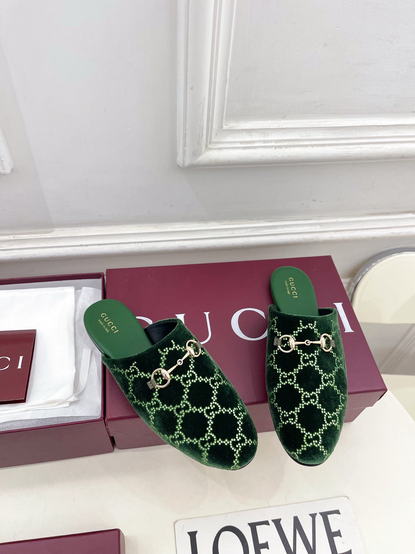 GG 26 Horsebit Flat Mules Rhinestones Dark Green Velvet 587082