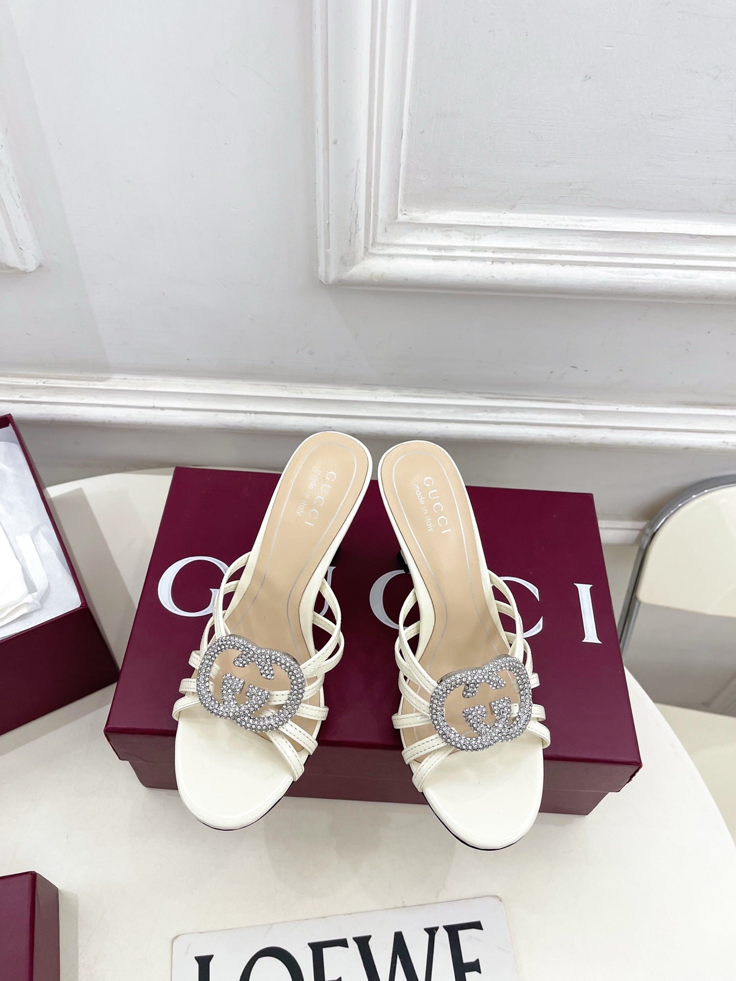 GG 26 High-Heeled Mules 85 White Beige Leather 587084
