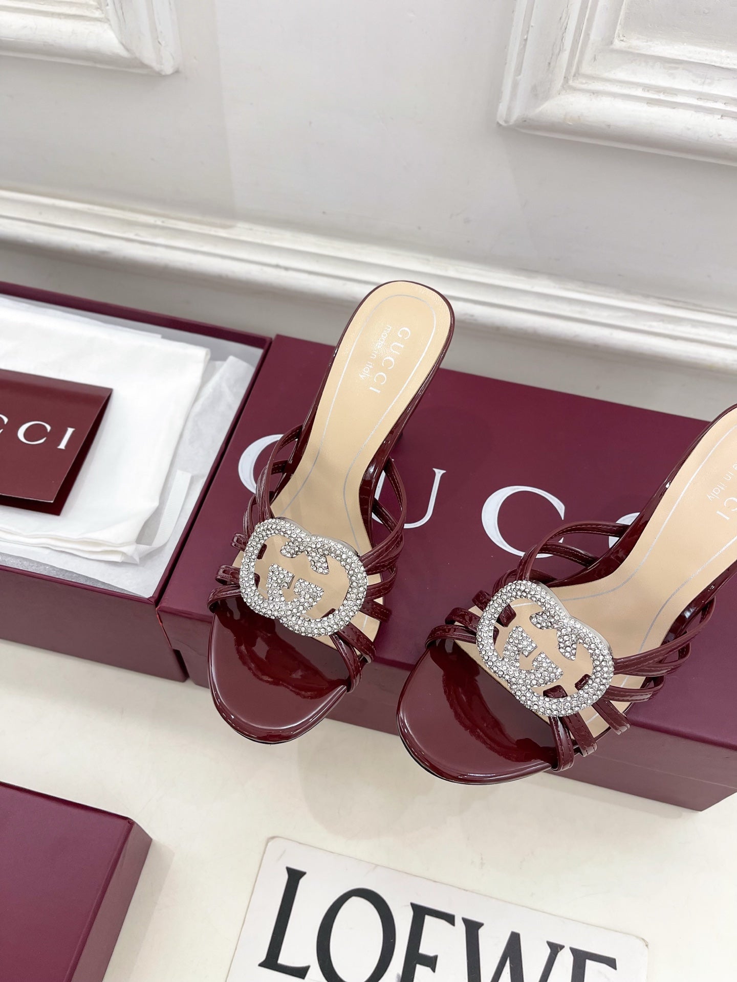 GG 26 High-Heeled Mules 85 Dark Red Beige Patent Leather 587085