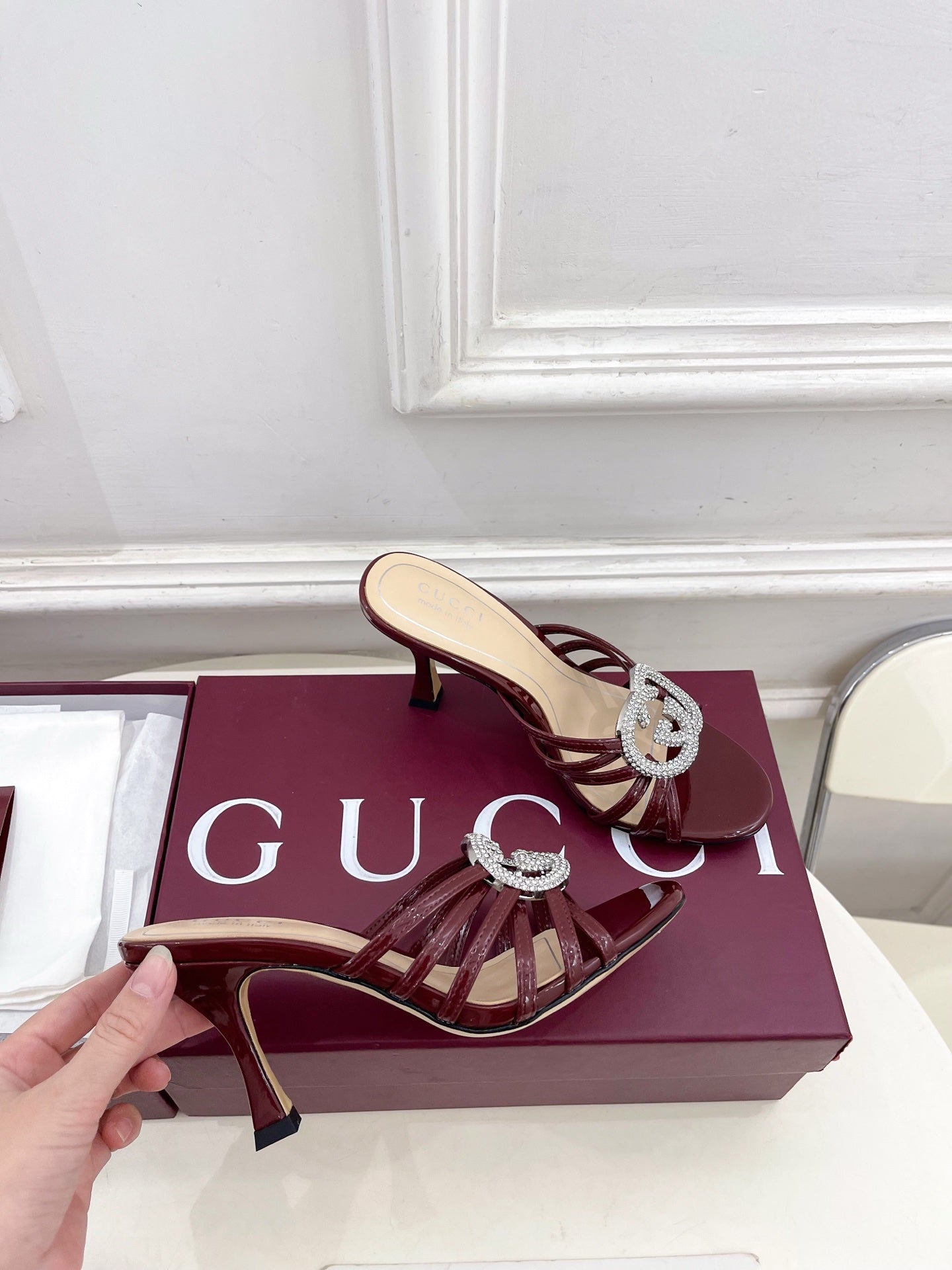 GG 26 High-Heeled Mules 85 Dark Red Beige Patent Leather 587085