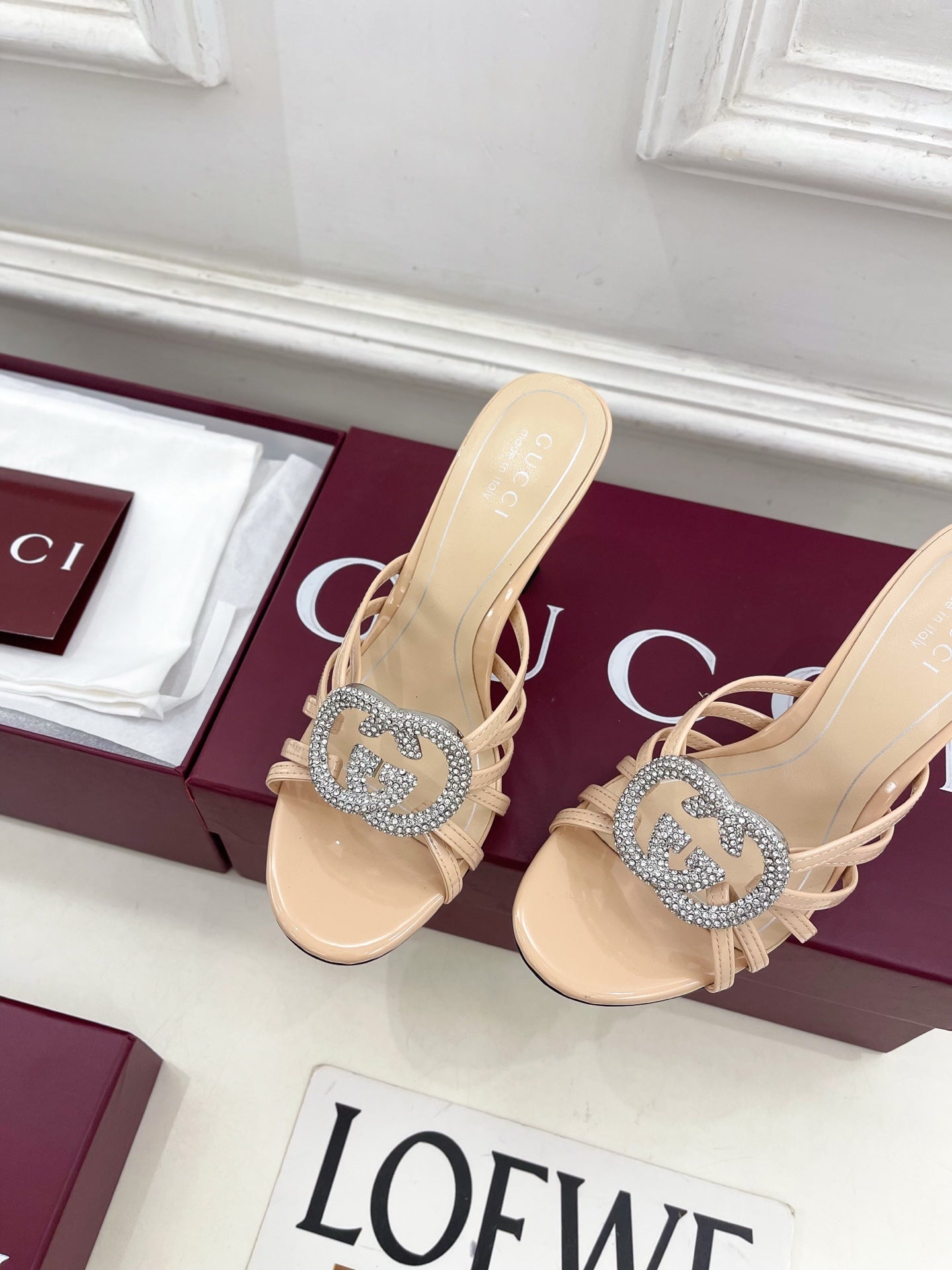 GG 26 High-Heeled Mules 85 Beige Patent Leather 587086