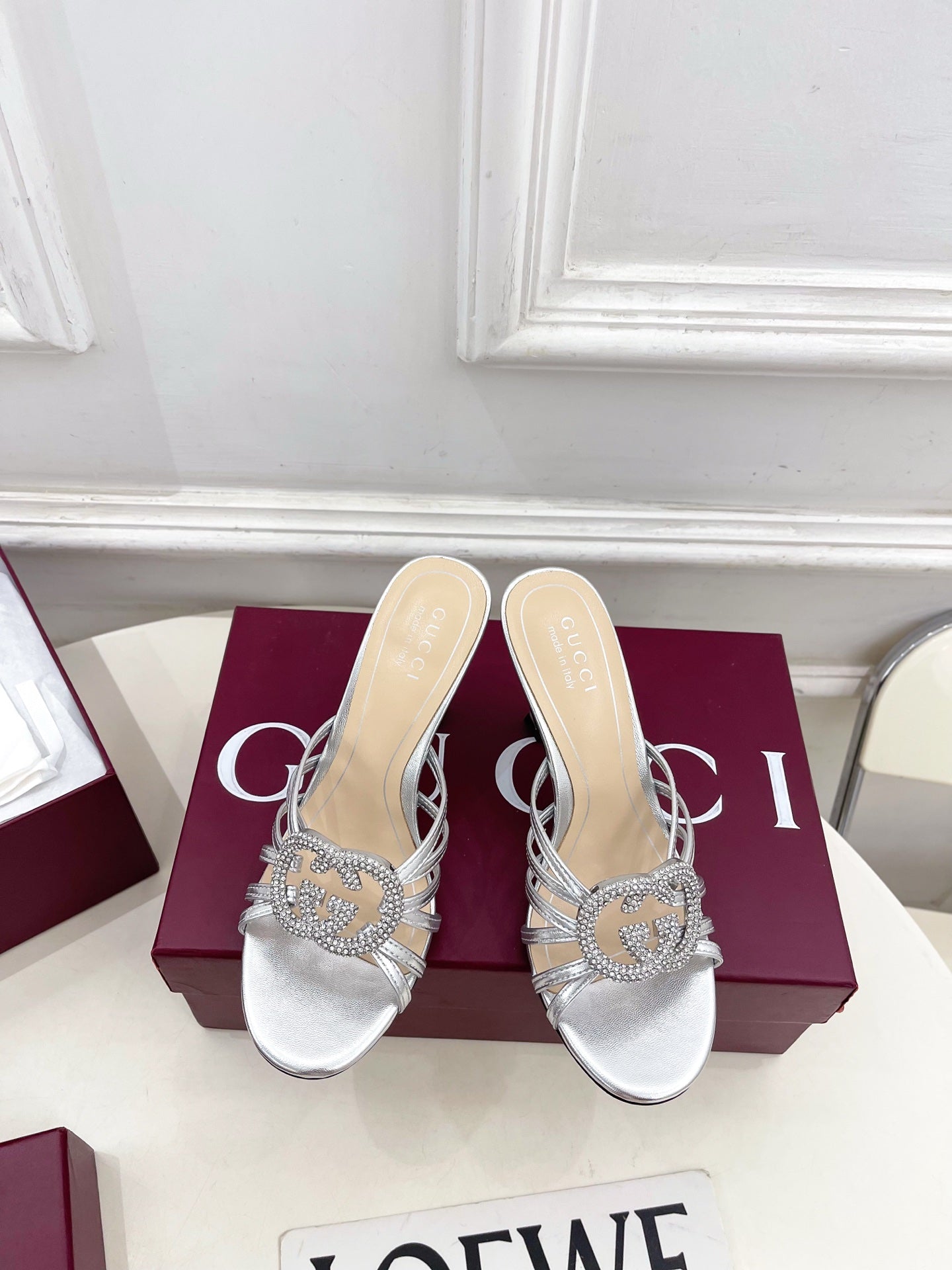 GG 26 High-Heeled Mules 85 Sliver Metallic Leather 587088