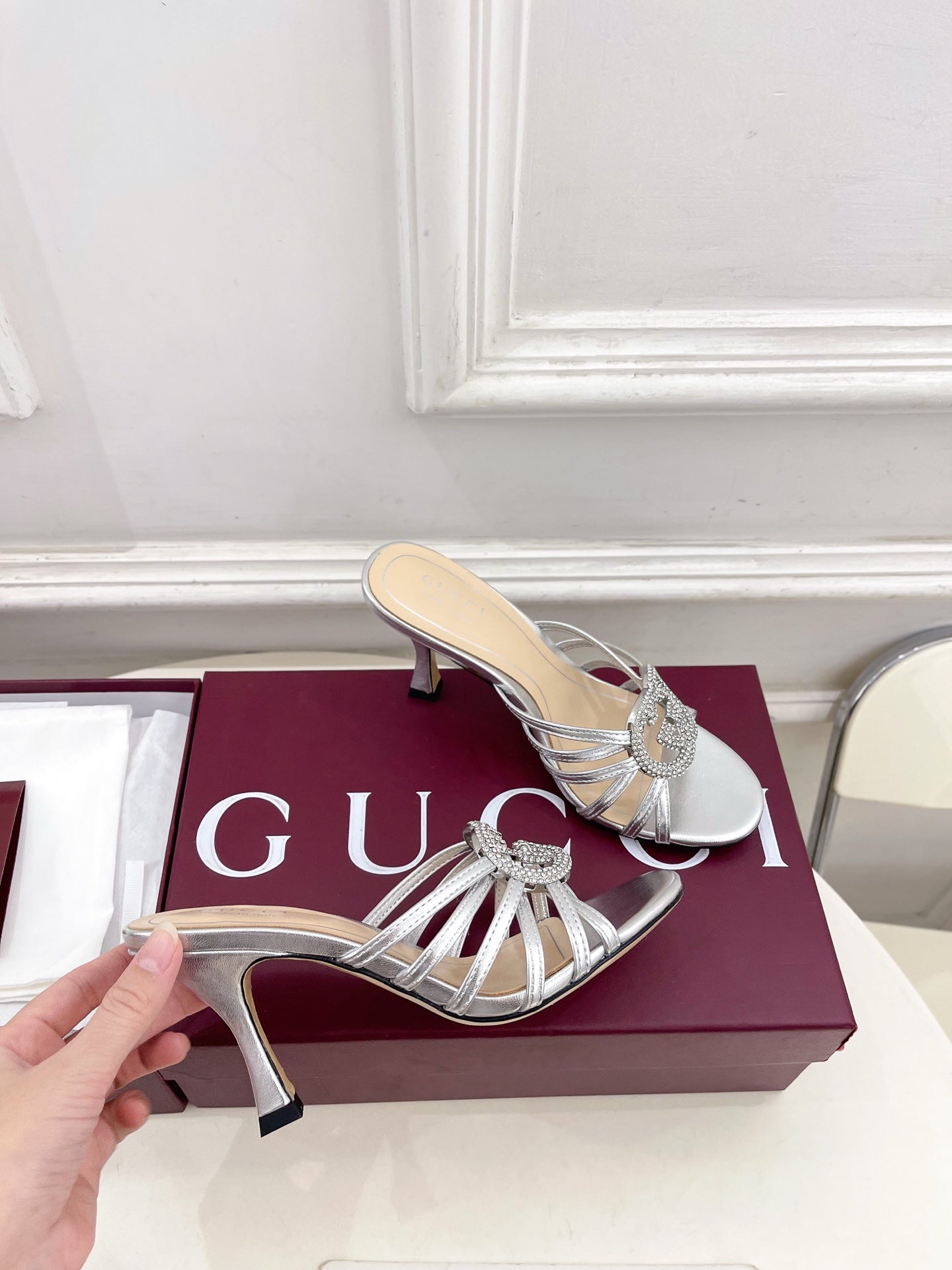 GG 26 High-Heeled Mules 85 Sliver Metallic Leather 587088