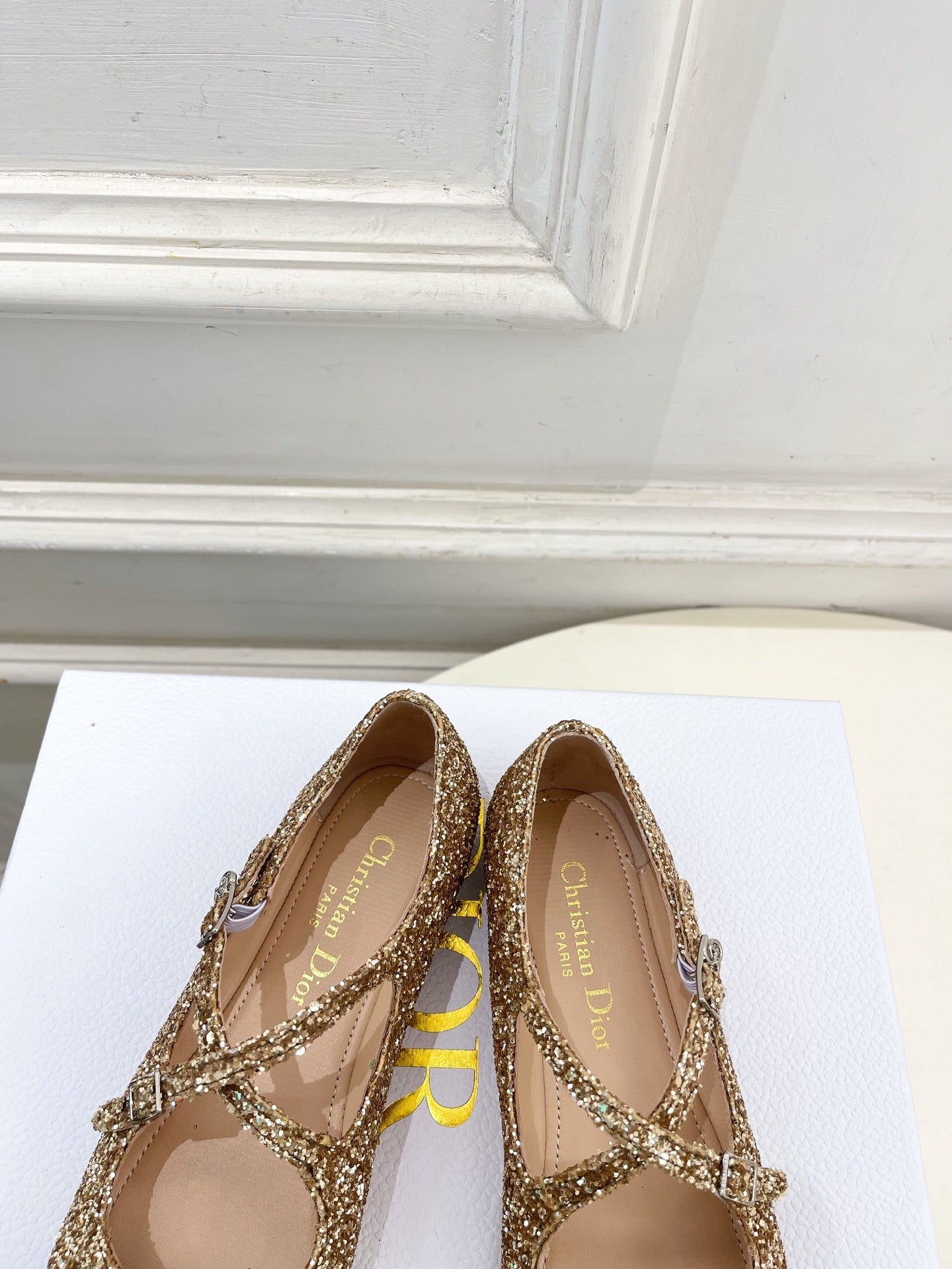 Dior 2026 Cross-Strap Ballet Flats Gold Glitter Leather 966828
