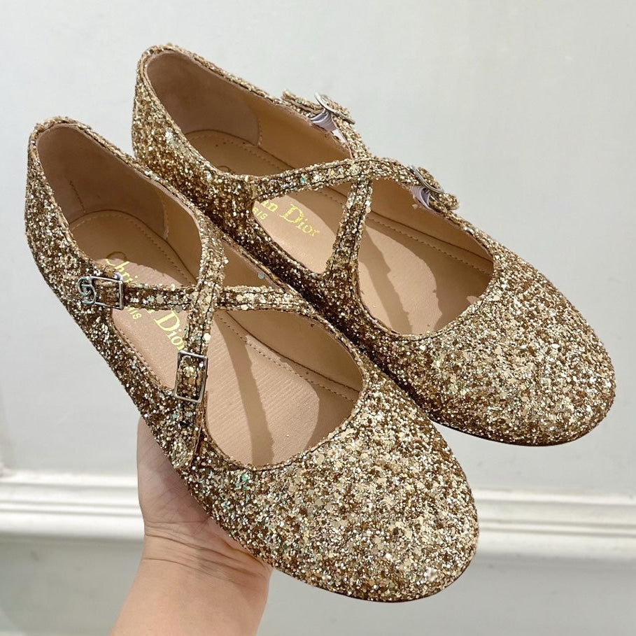 Dior 2026 Cross-Strap Ballet Flats Gold Glitter Leather 966828