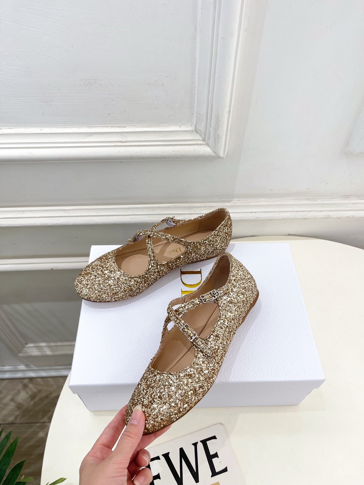 Dior 2026 Cross-Strap Ballet Flats Gold Glitter Leather 966828