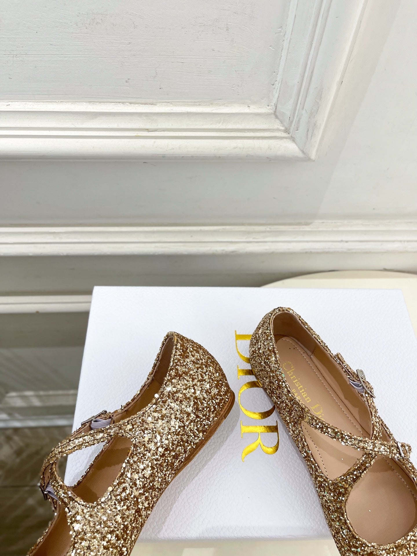 Dior 2026 Cross-Strap Ballet Flats Gold Glitter Leather 966828